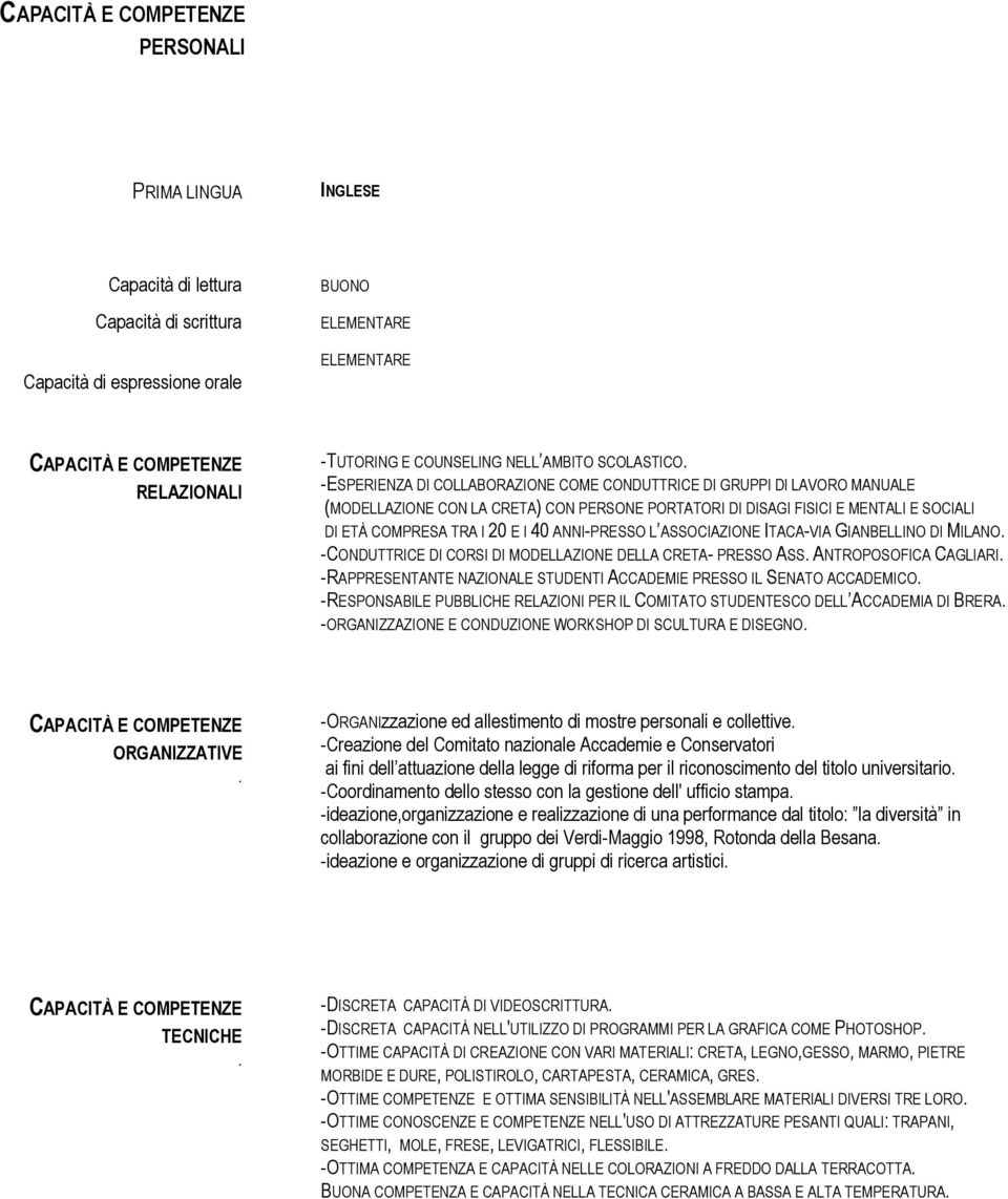 -ESPERIENZA DI COLLABORAZIONE COME CONDUTTRICE DI GRUPPI DI LAVORO MANUALE (MODELLAZIONE CON LA CRETA) CON PERSONE PORTATORI DI DISAGI FISICI E MENTALI E SOCIALI DI ETÀ COMPRESA TRA I 20 E I 40