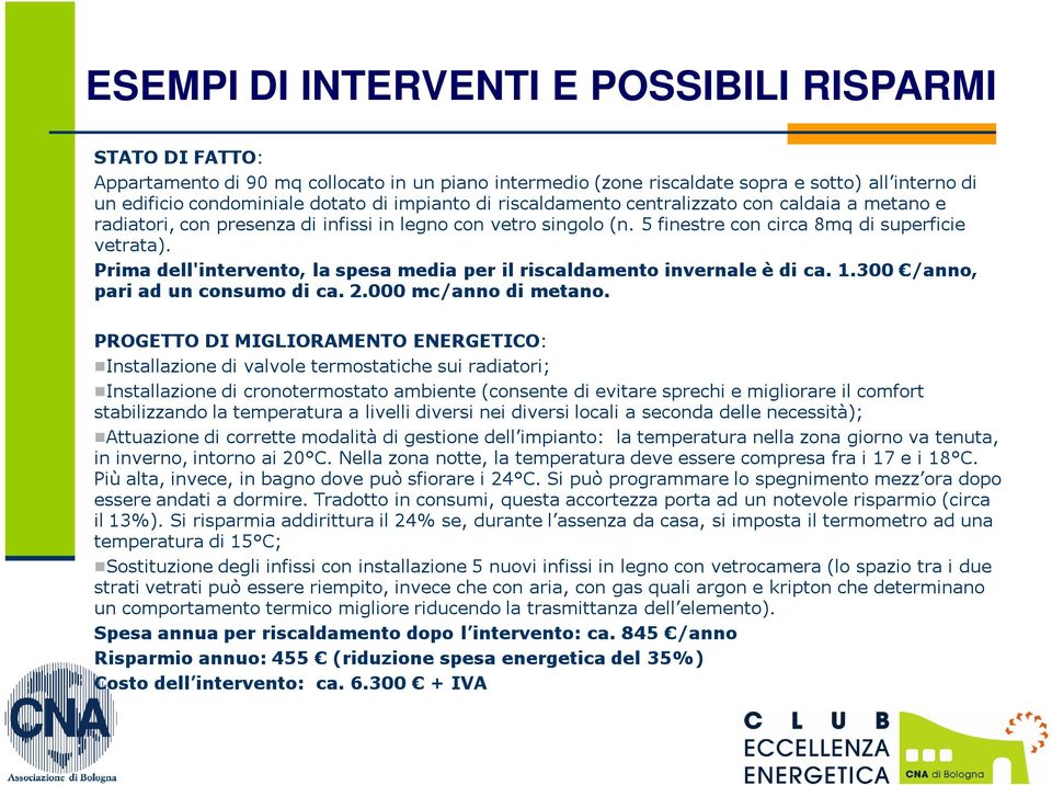 Prima dell'intervento, la spesa media per il riscaldamento invernale è di ca. 1.300 /anno, pari ad un consumo di ca. 2.000 mc/anno di metano.