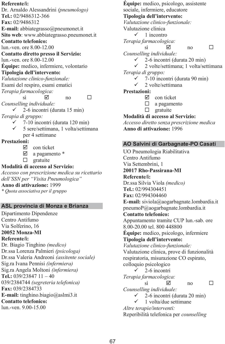 00, volontario Esami del respiro, esami ematici (durata 15 min) 7-10 incontri (durata 120 min) 5 sere/settimana, 1 volta/settimana per 4 settimane * dell SSN per Visita Pneumologica Anno di