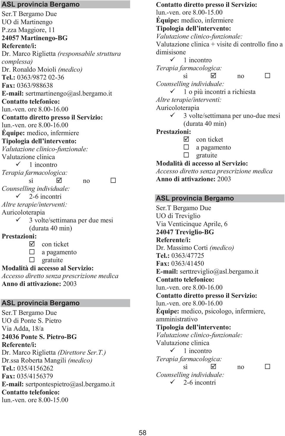 00 lun.-ven. ore 8.00-16.00 Auricoloterapia 3 volte/settimana per due mesi (durata 40 min) Anno di attivazione: 2003 ASL provincia Bergamo Ser.T Bergamo Due UO di Ponte S.