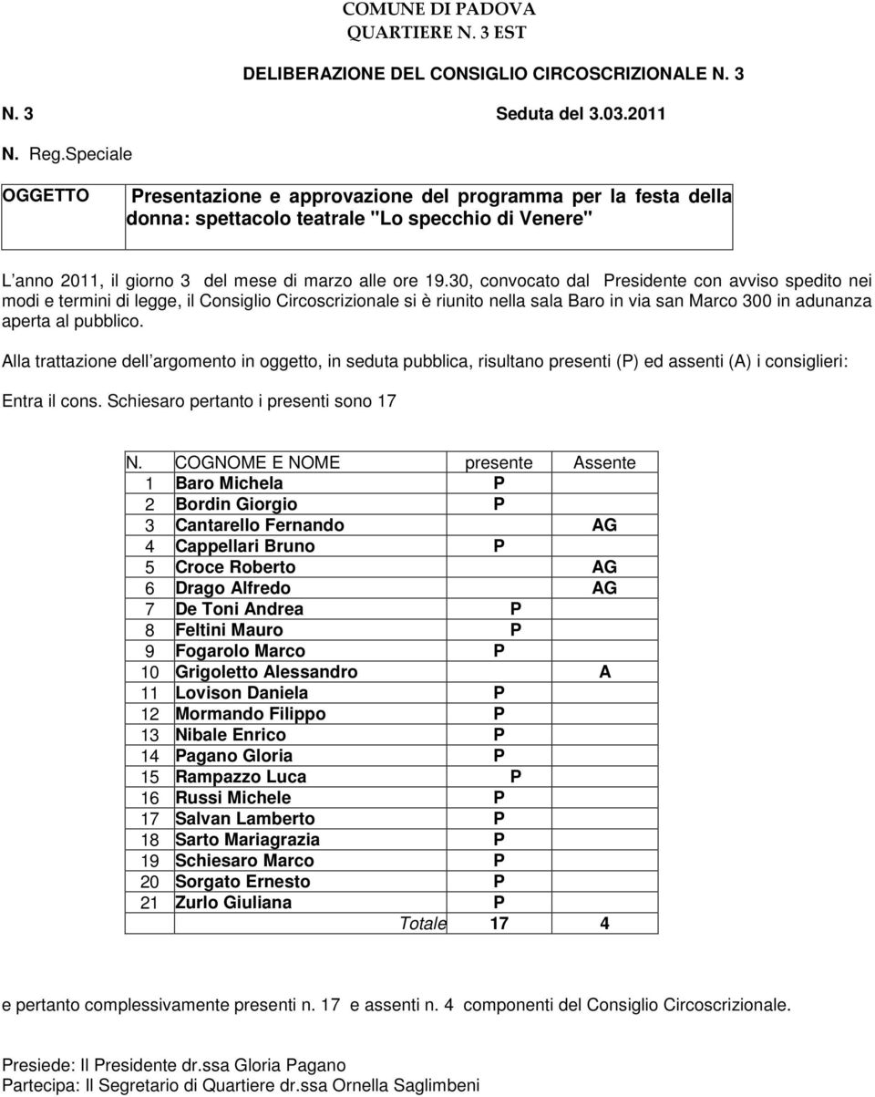 30, convocato dal Presidente con avviso spedito nei modi e termini di legge, il Consiglio Circoscrizionale si è riunito nella sala Baro in via san Marco 300 in adunanza aperta al pubblico.