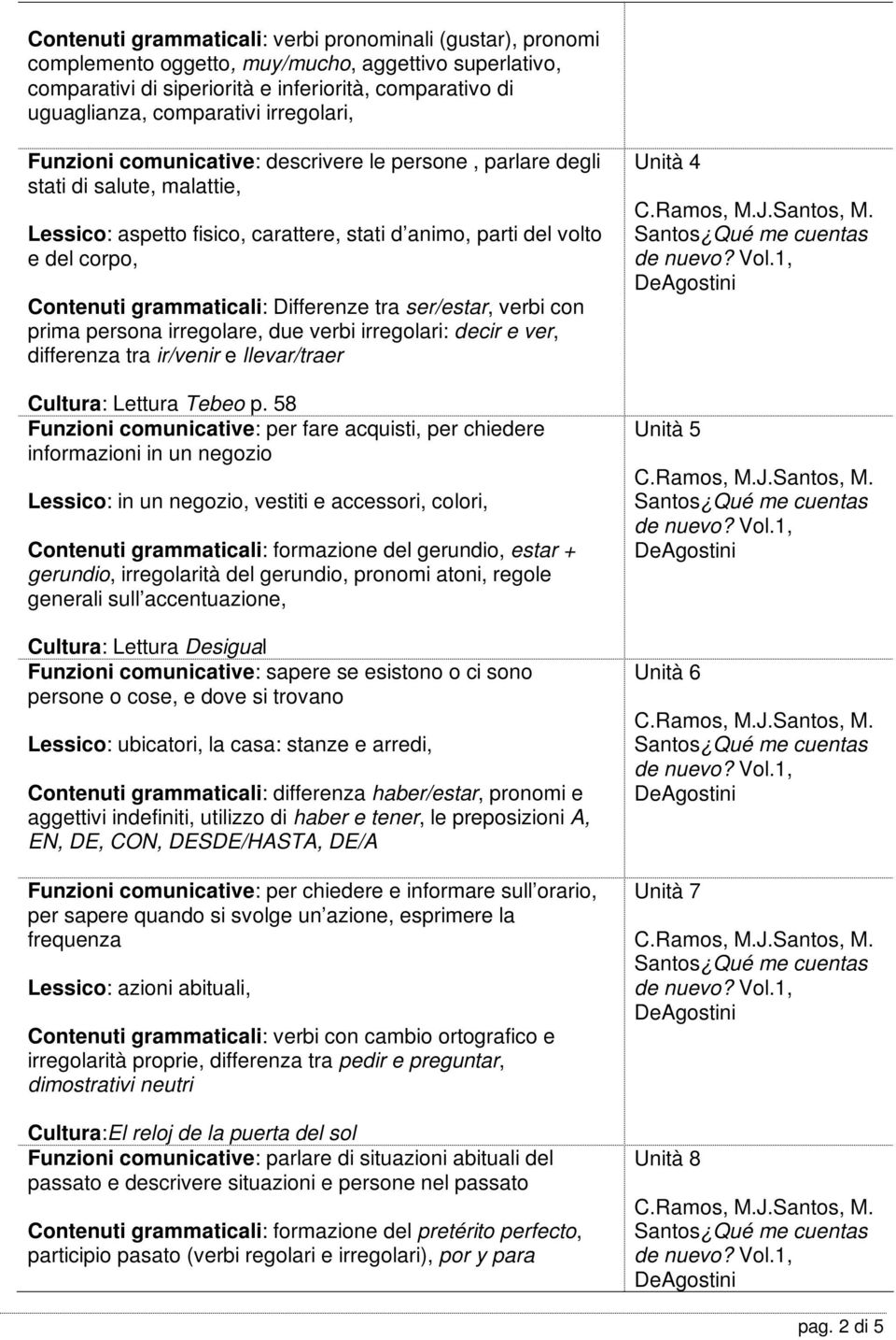 grammaticali: Differenze tra ser/estar, verbi con prima persona irregolare, due verbi irregolari: decir e ver, differenza tra ir/venir e llevar/traer Cultura: Lettura Tebeo p.