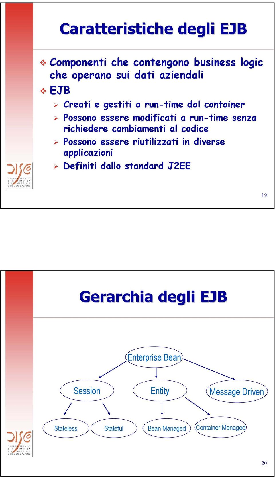 cambiamenti al codice Possono essere riutilizzati in diverse applicazioni Definiti dallo standard J2EE 19