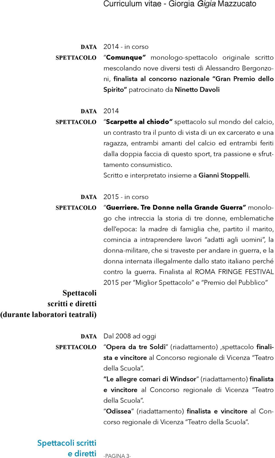 di questo sport, tra passione e sfruttamento consumistico. Scritto e interpretato insieme a Gianni Stoppelli. Spettacoli scritti e diretti (durante laboratori teatrali) 2015 - in corso Guerriere.