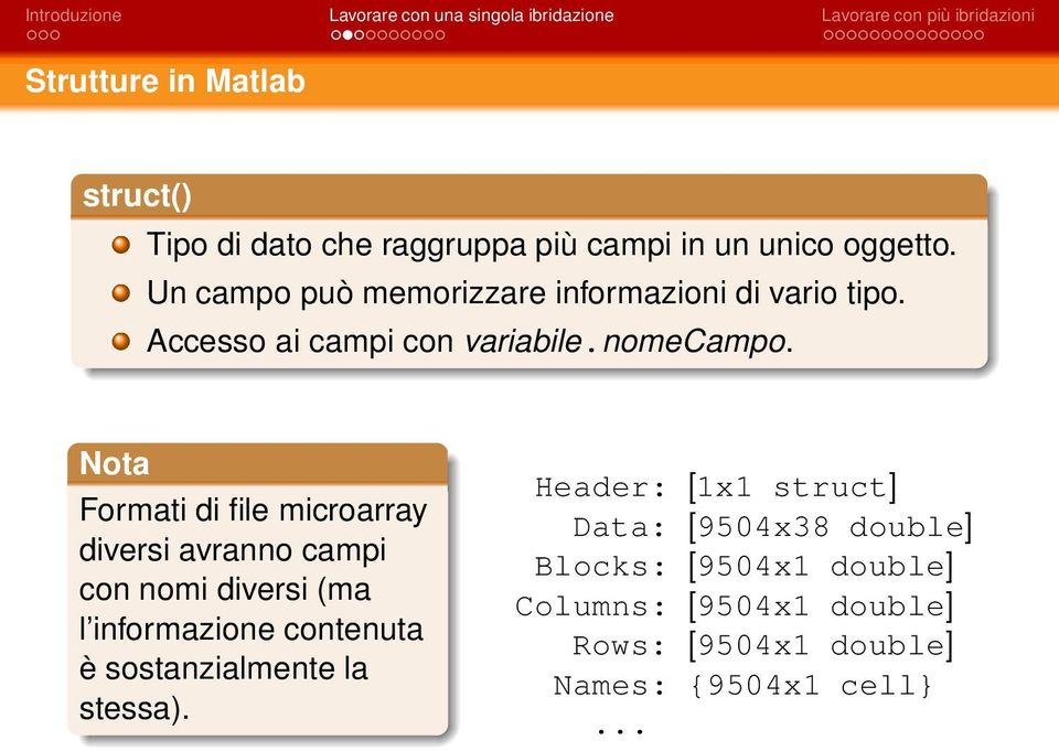 Nota Formati di file microarray diversi avranno campi con nomi diversi (ma l informazione contenuta è