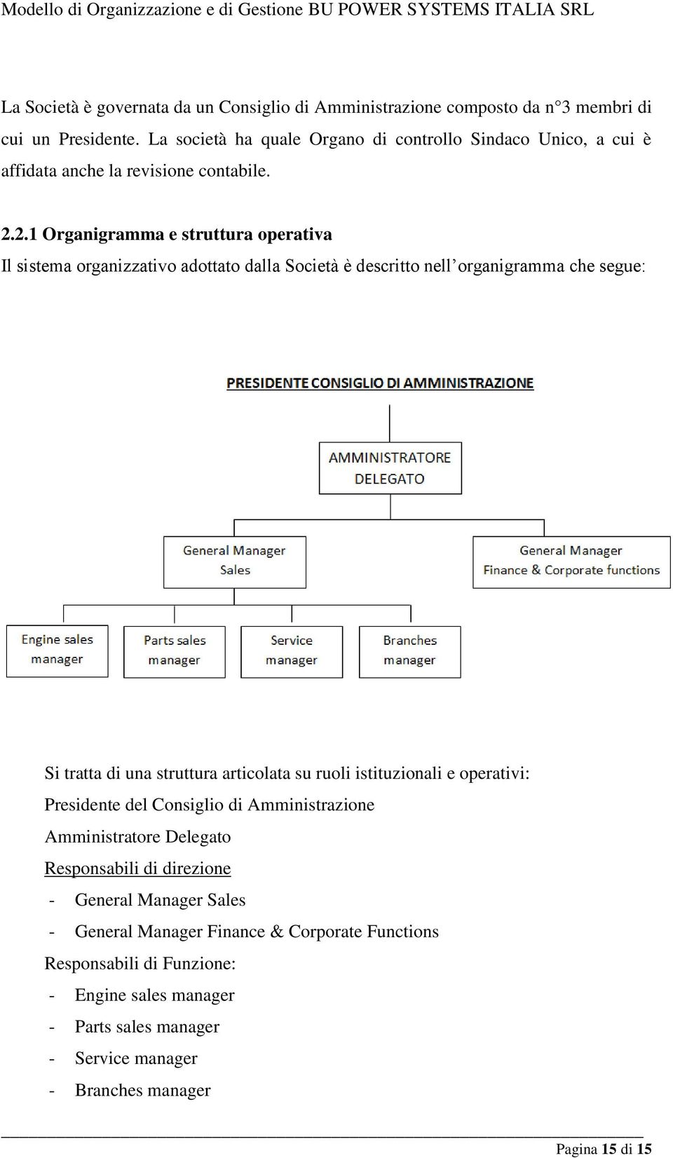 2.1 Organigramma e struttura operativa Il sistema organizzativo adottato dalla Società è descritto nell organigramma che segue: Si tratta di una struttura articolata su ruoli