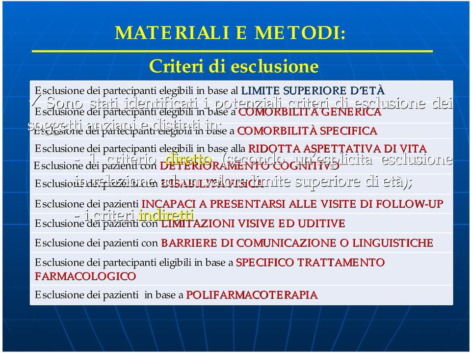 base alla a RIDOTTA ASPETTATIVA DI VITA Esclusione dei pazienti con DETERIORAMENTO COGNITIVO - 1 criterio DETERIORAMENTO diretto (secondo COGNITIVO un esplicita esclusione in relazione ad DISABILITÀ