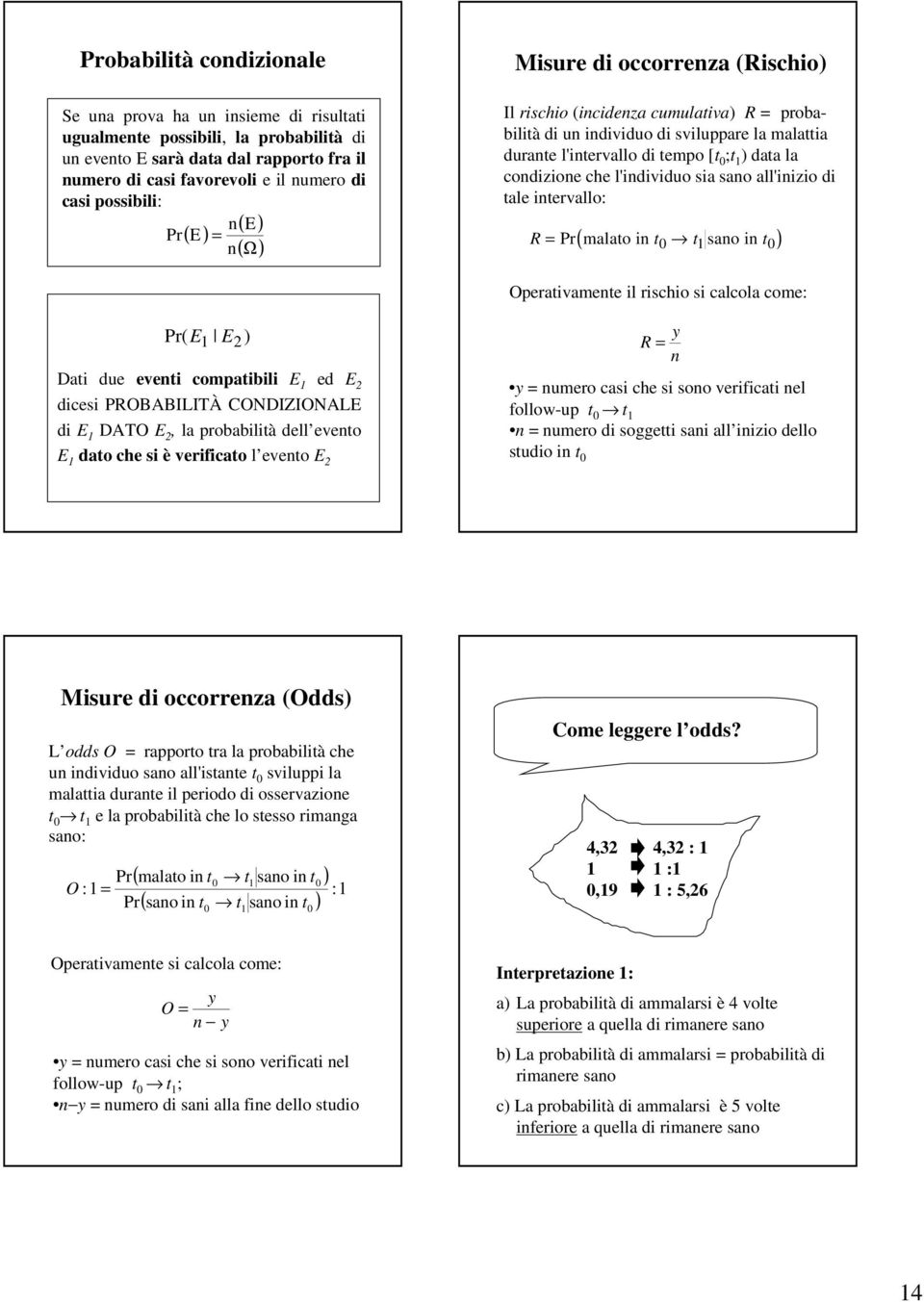 sia sao all'iizio di tale itervallo: ( sao i ) R Pr malato i t t t Operativamete il rischio si calcola come: Pr( E E ) Dati due eveti compatibili E ed E dicesi PROBABILITÀ CONDIZIONALE di E DATO E,