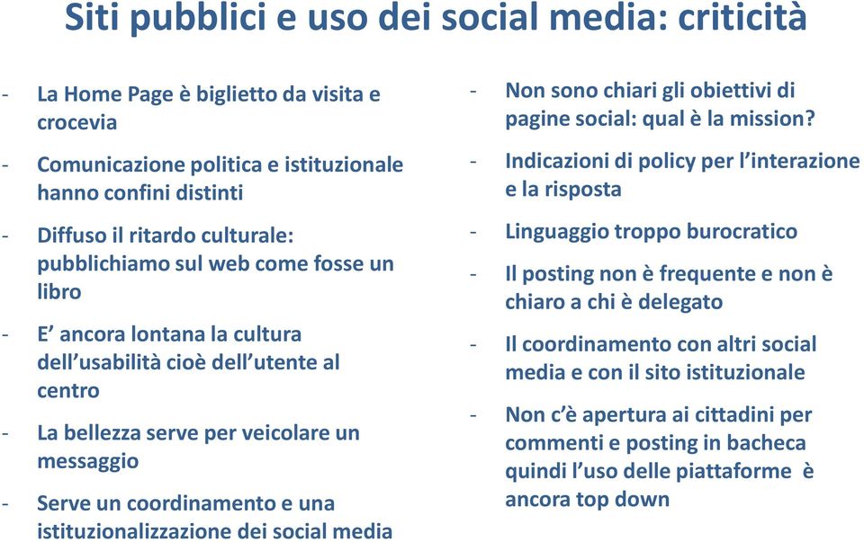 istituzionalizzazione dei social media - Non sono chiari gli obiettivi di pagine social: qual è la mission?