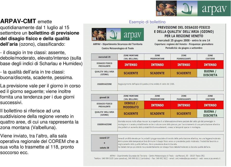 La previsione vale per il giorno in corso ed il giorno seguente; viene inoltre fornita una tendenza per i due giorni successivi.