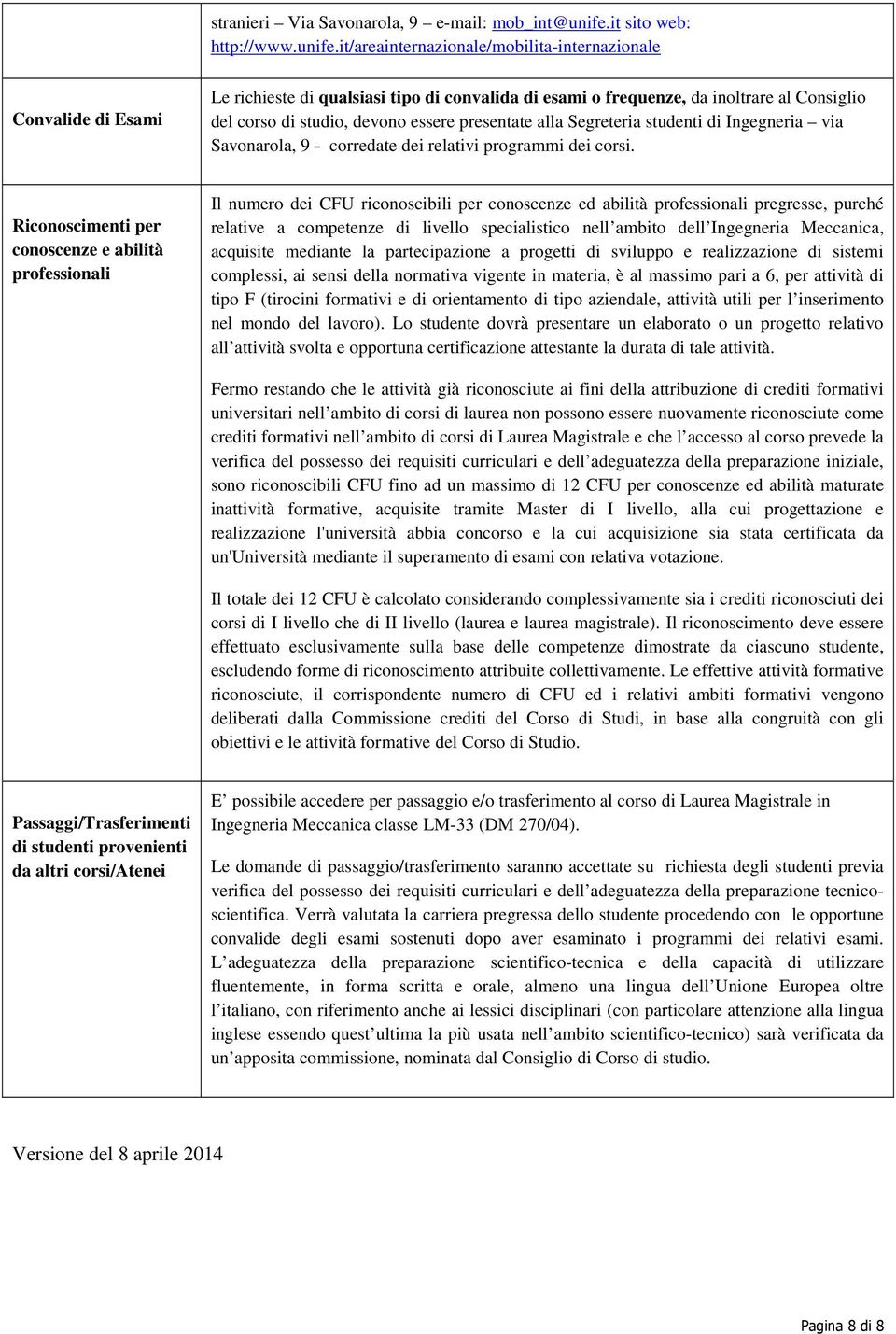 it/areainternazionale/mobilita-internazionale Convalide di Esami Le richieste di qualsiasi tipo di convalida di esami o frequenze, da inoltrare al Consiglio del corso di studio, devono essere