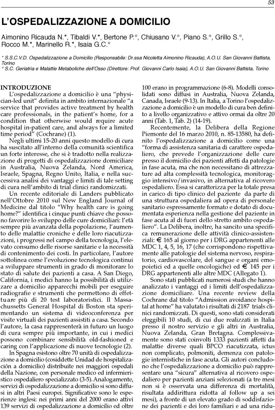 San Giovanni Battista, Torino S.C. Geriatria e Malattie Metaboliche dell!osso (Direttore: Prof. Giovanni Carlo Isaia), A.O.U.