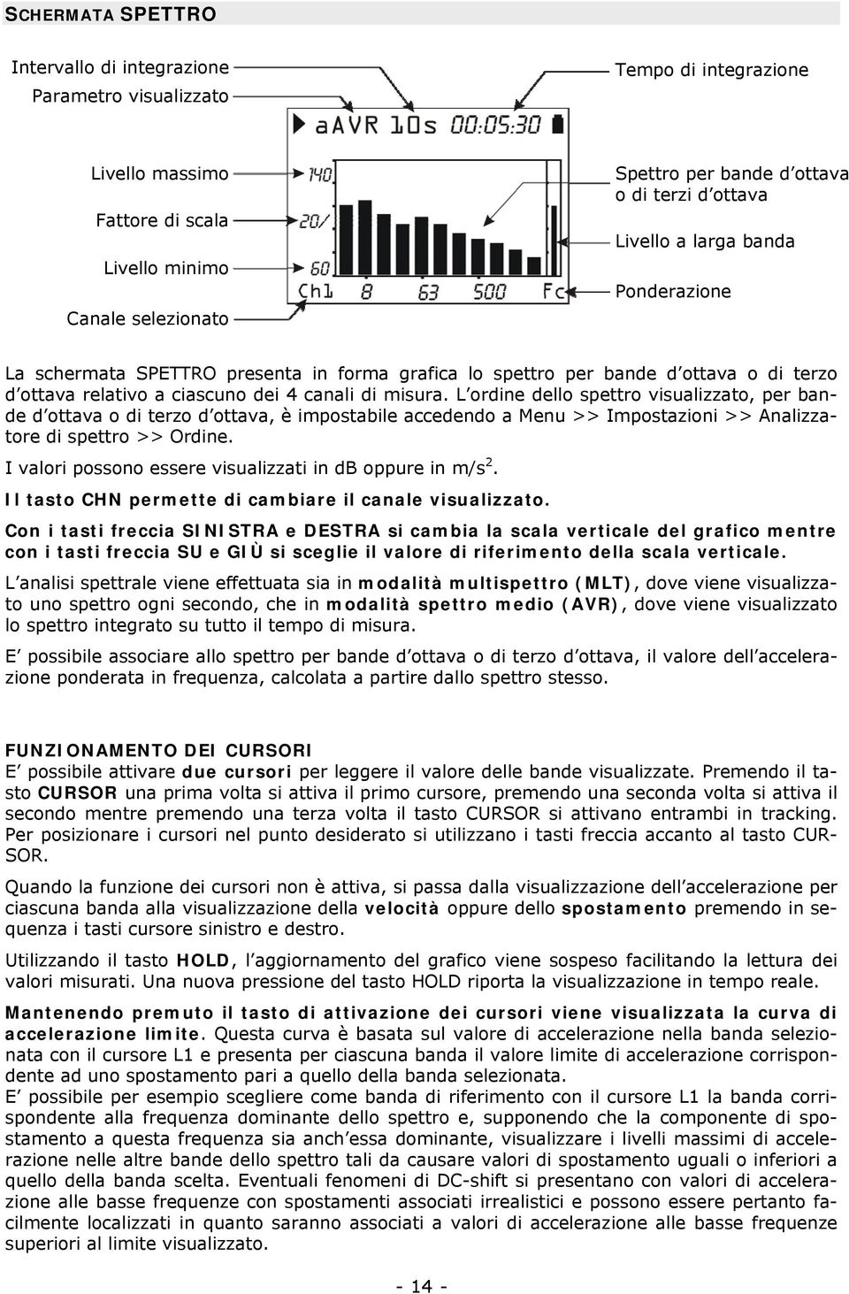 L ordine dello spettro visualizzato, per bande d ottava o di terzo d ottava, è impostabile accedendo a Menu >> Impostazioni >> Analizzatore di spettro >> Ordine.