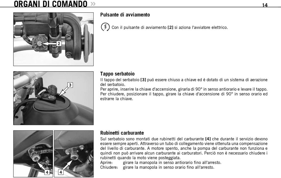 Per aprire, inserire la chiave d'accensione, girarla di 90 in senso antiorario e levare il tappo.