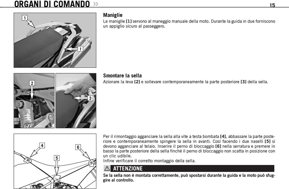 3 4 5 6 Per il rimontaggio agganciare la sella alla vite a testa bombata [4], abbassare la parte posteriore e contemporaneamente spingere la sella in avanti.