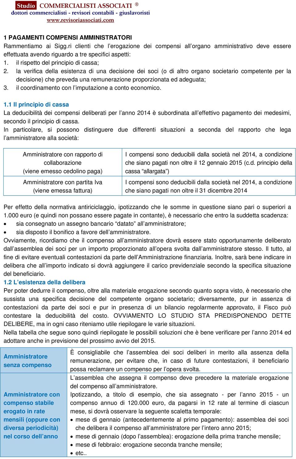 la verifica della esistenza di una decisione dei soci (o di altro organo societario competente per la decisione) che preveda una remunerazione proporzionata ed adeguata; 3.