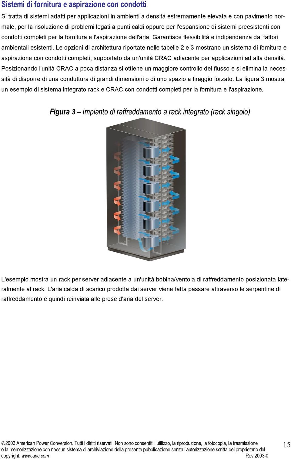 Le opzioni di architettura riportate nelle tabelle 2 e 3 mostrano un sistema di fornitura e aspirazione con condotti completi, supportato da un'unità CRAC adiacente per applicazioni ad alta densità.