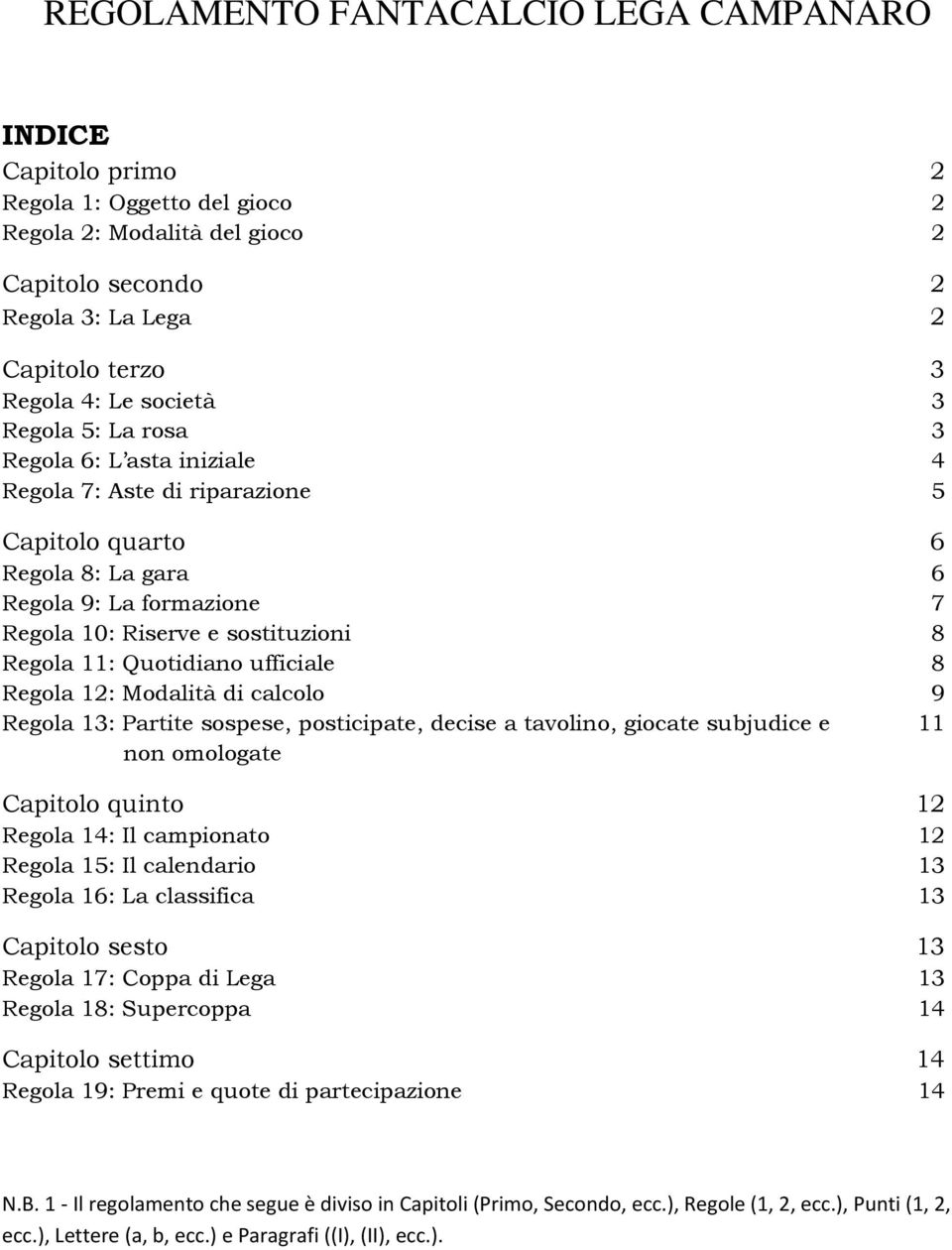 11: Quotidiano ufficiale 8 Regola 12: Modalità di calcolo 9 Regola 13: Partite sospese, posticipate, decise a tavolino, giocate subjudice e 11 non omologate Capitolo quinto 12 Regola 14: Il