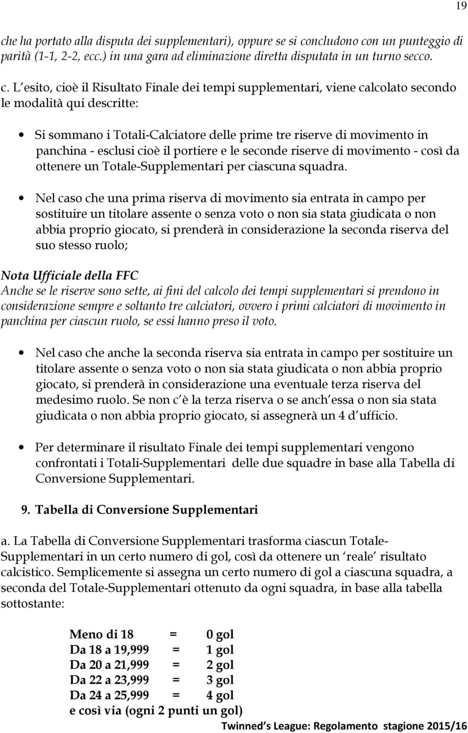 portiere e le seconde riserve di movimento - così da ottenere un Totale-Supplementari per ciascuna squadra.