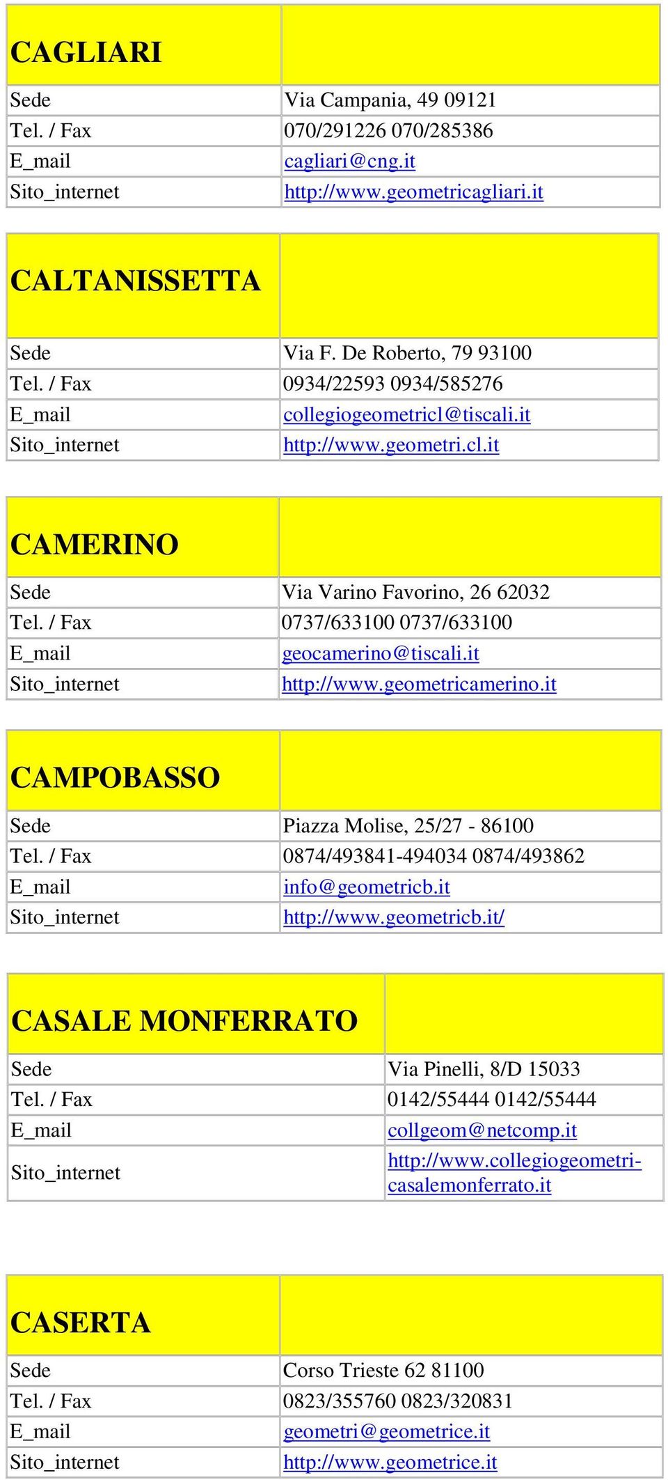 it http://www.geometricamerino.it CAMPOBASSO Sede Piazza Molise, 25/27-86100 Tel. / Fax 0874/493841-494034 0874/493862 info@geometricb.it http://www.geometricb.it/ CASALE MONFERRATO Sede Via Pinelli, 8/D 15033 Tel.