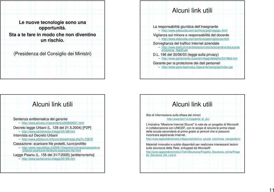 edscuola.com/archivio/ped/vigilanza.html Sorveglianza del traffico Internet aziendale http://www.ated.ch/manifestazioni/storia/locandine/docs/pres entazione_ated3.pd D.L.