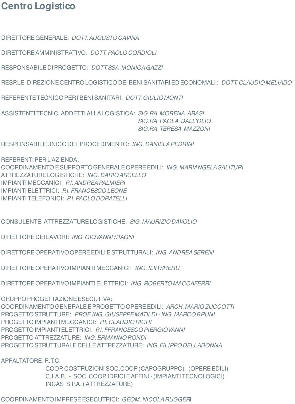 RA MORENA ARASI SIG.RA PAOLA DALL'OLIO SIG.RA TERESA MAZZONI RESPONSABILE UNICO DEL PROCEDIMENTO: ING. DANIELA PEDRINI REFERENTI PER L'AZIENDA: COORDINAMENTO E SUPPORTO GENERALE OPERE EDILI: ING.