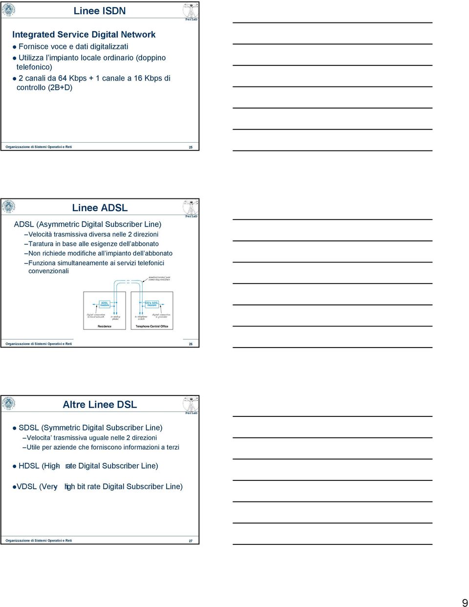 richiede modifiche all impianto dell abbonato Funziona simultaneamente ai servizi telefonici convenzionali Organizzazione 26 di Sistemi Operativi e Reti 26 Altre Linee DSL SDSL (Symmetric Digital