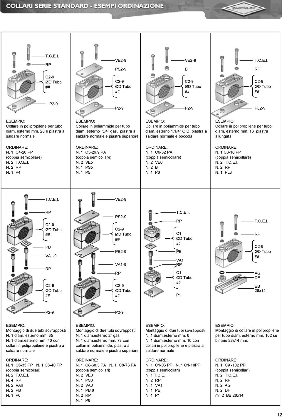 piastra a saldare normale e boccola Collare in polipropilene per tubo diam. esterno mm. 16 piastra allungata N. 1 C4-20 PP (coppia semicollare) N. 2 T.C.E.I. N. 2 RP N. 1 P4 N.