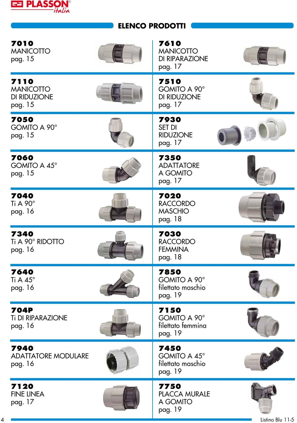 17 7510 GOMITO A 90 DI RIDUZIONE pag. 17 7930 SET DI RIDUZIONE pag. 17 7350 ADATTATORE A GOMITO pag. 17 7020 RACCORDO MASCHIO pag. 18 7030 RACCORDO FEMMINA pag.