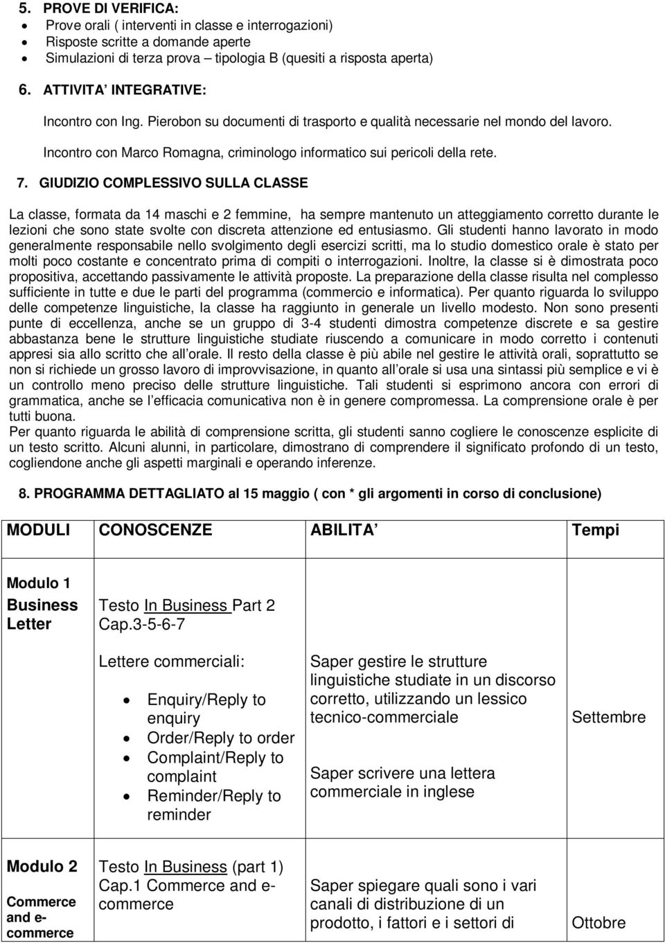 GIUDIZIO COMPLESSIVO SULLA CLASSE La classe, formata da 14 maschi e 2 femmine, ha sempre mantenuto un atteggiamento corretto durante le lezioni che sono state svolte con discreta attenzione ed