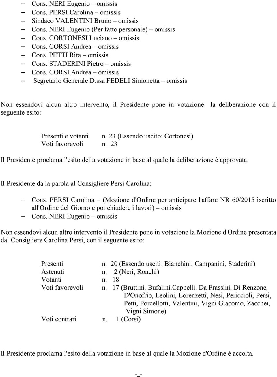 ssa FEDELI Simonetta omissis Non essendovi alcun altro intervento, il Presidente pone in votazione la deliberazione con il seguente esito: Presenti e votanti n.