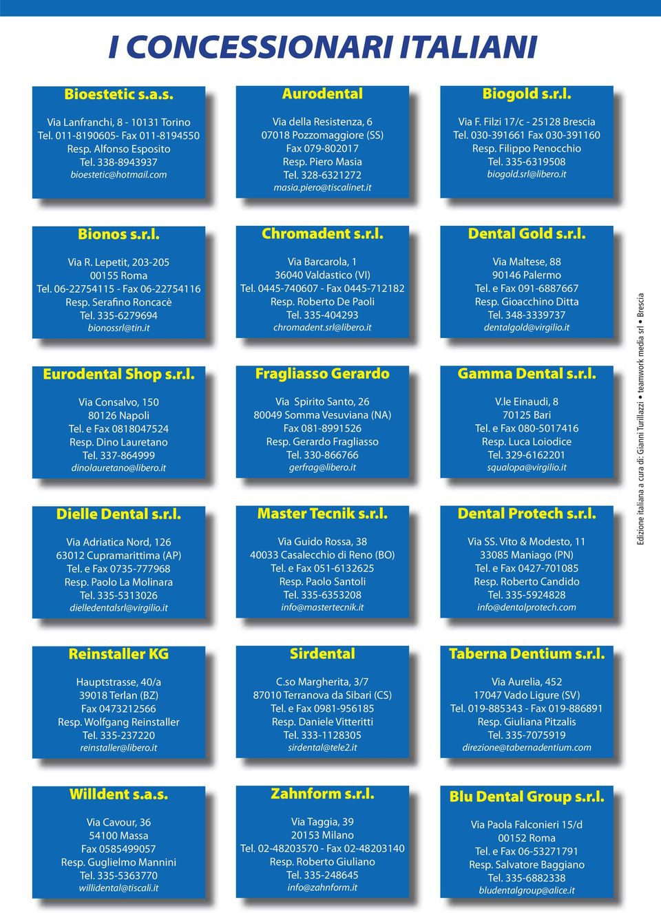 Filippo Penocchio Tel. 335-6319508 biogold.srl@libero.it Bionos s.r.l. Chromadent s.r.l. Dental Gold s.r.l. Via R. Lepetit, 203-205 00155 Roma Tel. 06-22754115 - Fax 06-22754116 Resp.
