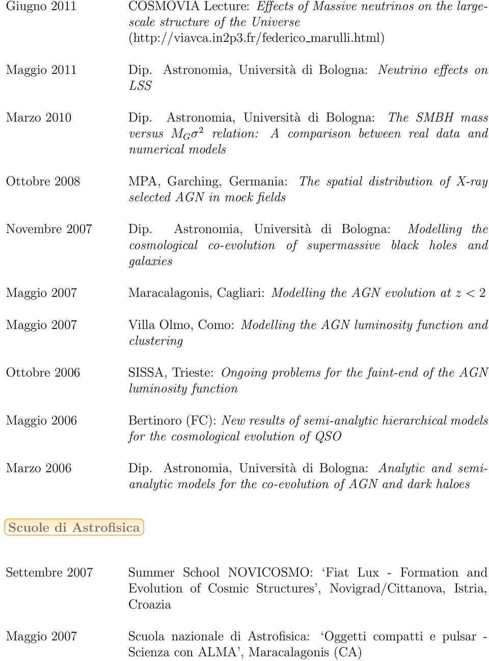 Astronomia, Università di Bologna: The SMBH mass versus M G σ 2 relation: A comparison between real data and numerical models MPA, Garching, Germania: The spatial distribution of X-ray selected AGN