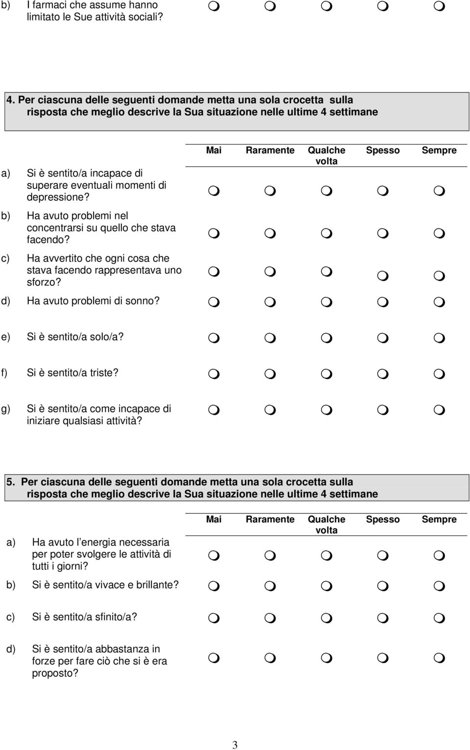 b) Ha avuto problemi nel concentrarsi su quello che stava facendo? c) Ha avvertito che ogni cosa che stava facendo rappresentava uno sforzo? d) Ha avuto problemi di sonno? e) Si è sentito/a solo/a?