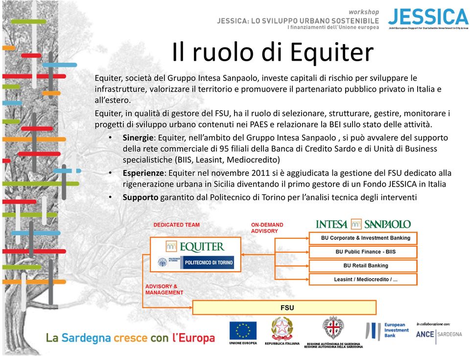 Equiter, in qualità di gestore del FSU, ha il ruolo di selezionare, strutturare, gestire, monitorare i progetti di sviluppo urbano contenuti nei PAES e relazionare la BEI sullo stato delle attività.