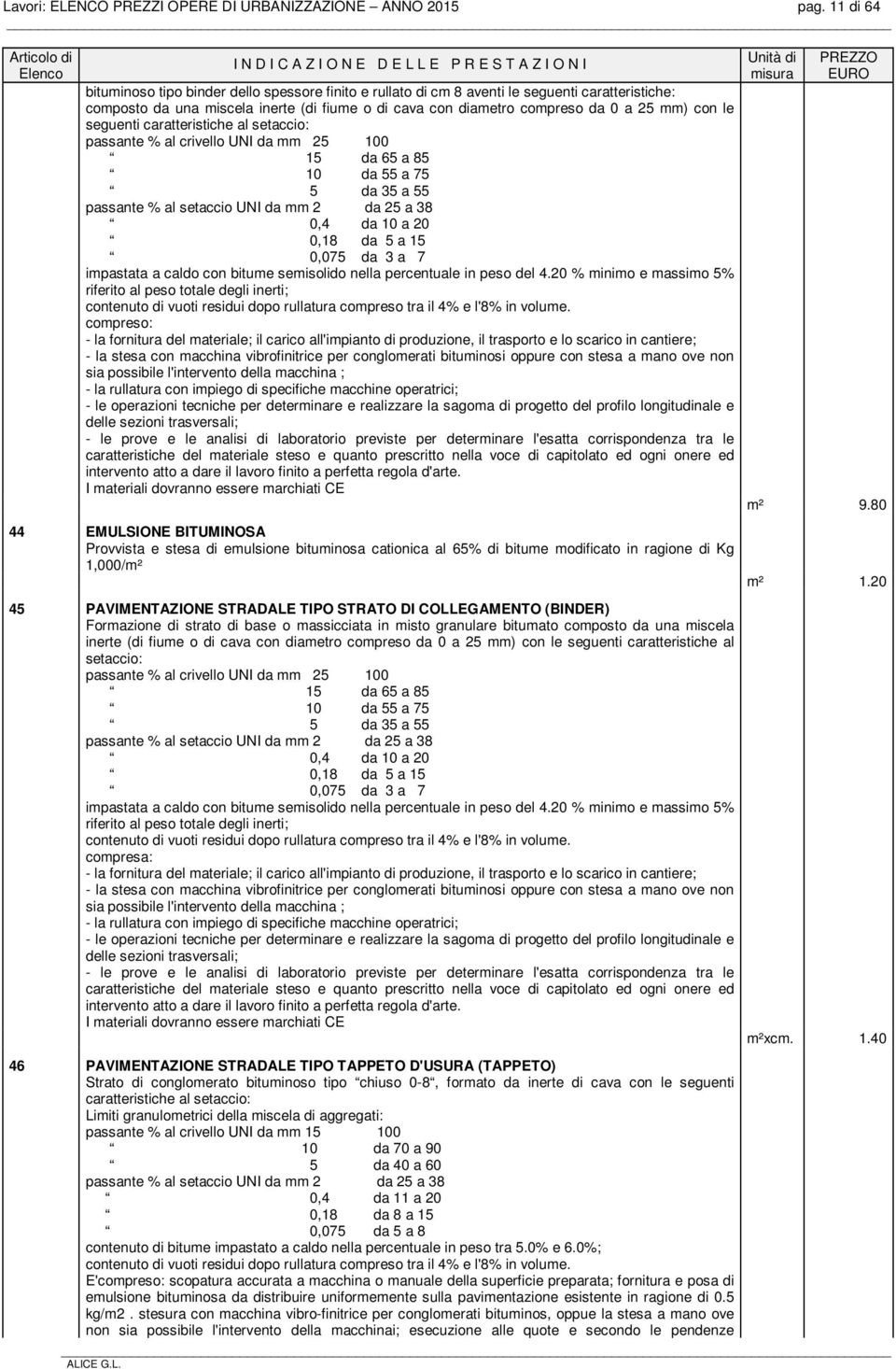 le seguenti caratteristiche al setaccio: passante % al crivello UNI da mm 25 100 15 da 65 a 85 10 da 55 a 75 5 da 35 a 55 passante % al setaccio UNI da mm 2 da 25 a 38 0,4 da 10 a 20 0,18 da 5 a 15