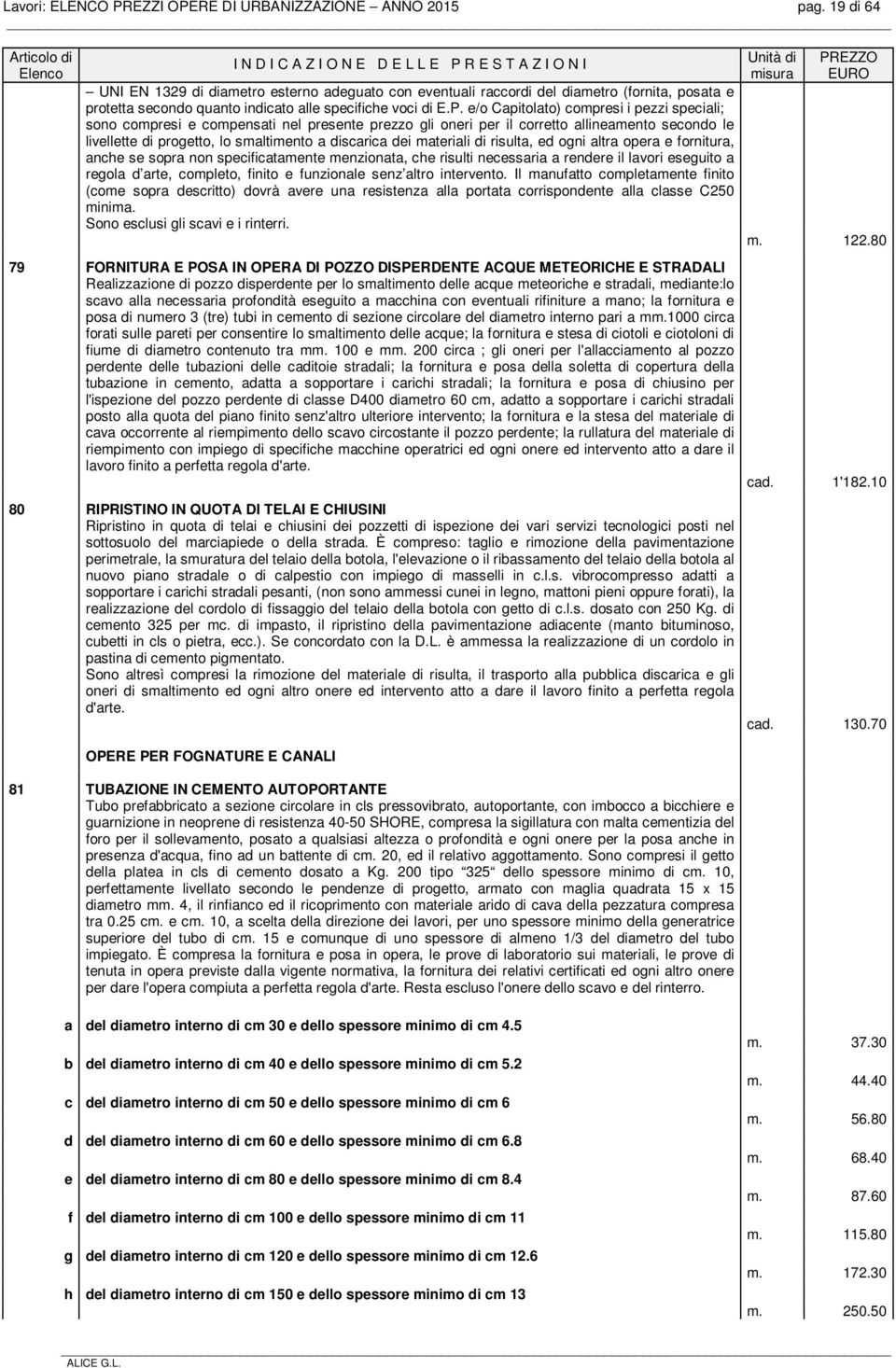 e/o Capitolato) compresi i pezzi speciali; sono compresi e compensati nel presente prezzo gli oneri per il corretto allineamento secondo le livellette di progetto, lo smaltimento a discarica dei