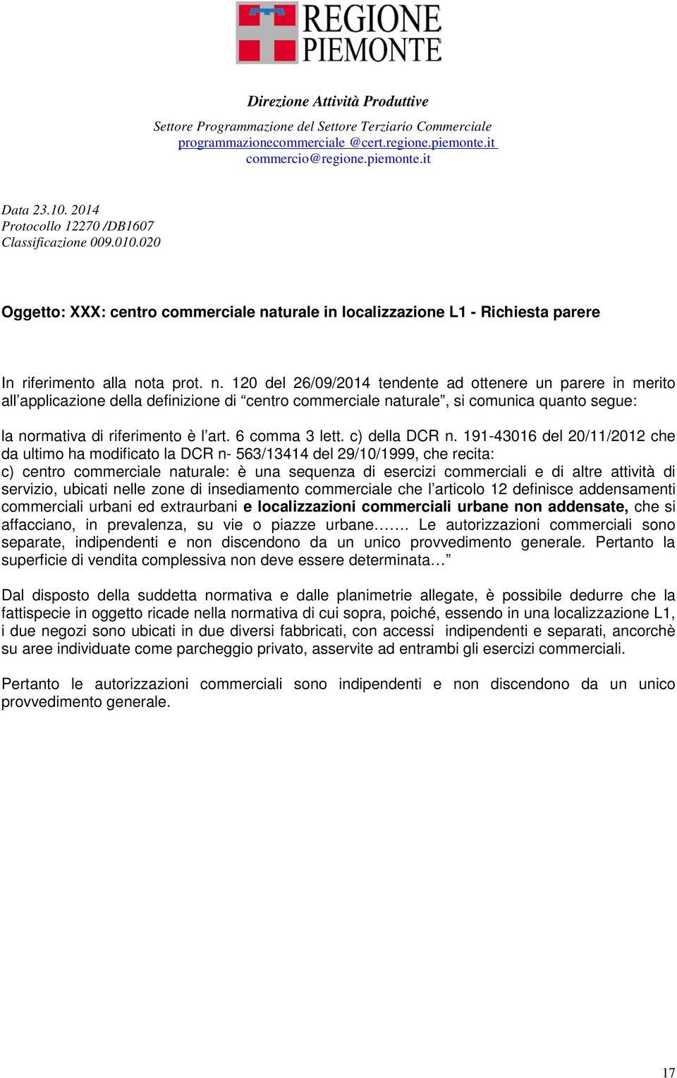 turale in localizzazione L1 - Richiesta parere In riferimento alla no