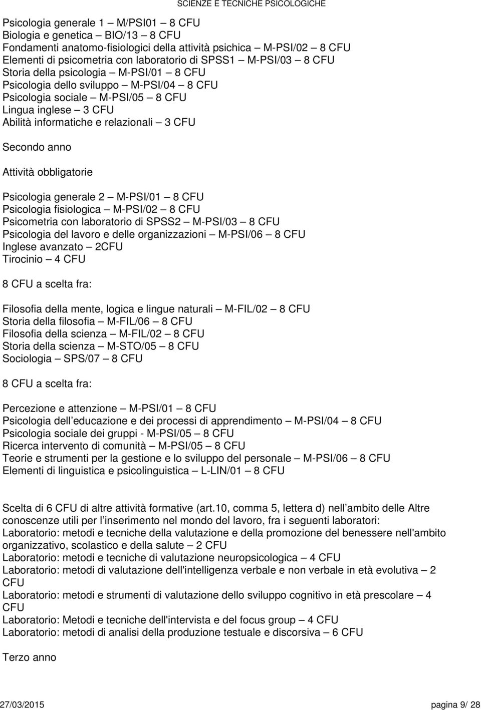 obbligatorie Psicologia generale 2 M-PSI/01 CFU Psicologia fisiologica M-PSI/02 CFU Psicometria con laboratorio di SPSS2 M-PSI/03 CFU Psicologia del e delle organizzazioni M-PSI/06 CFU Inglese