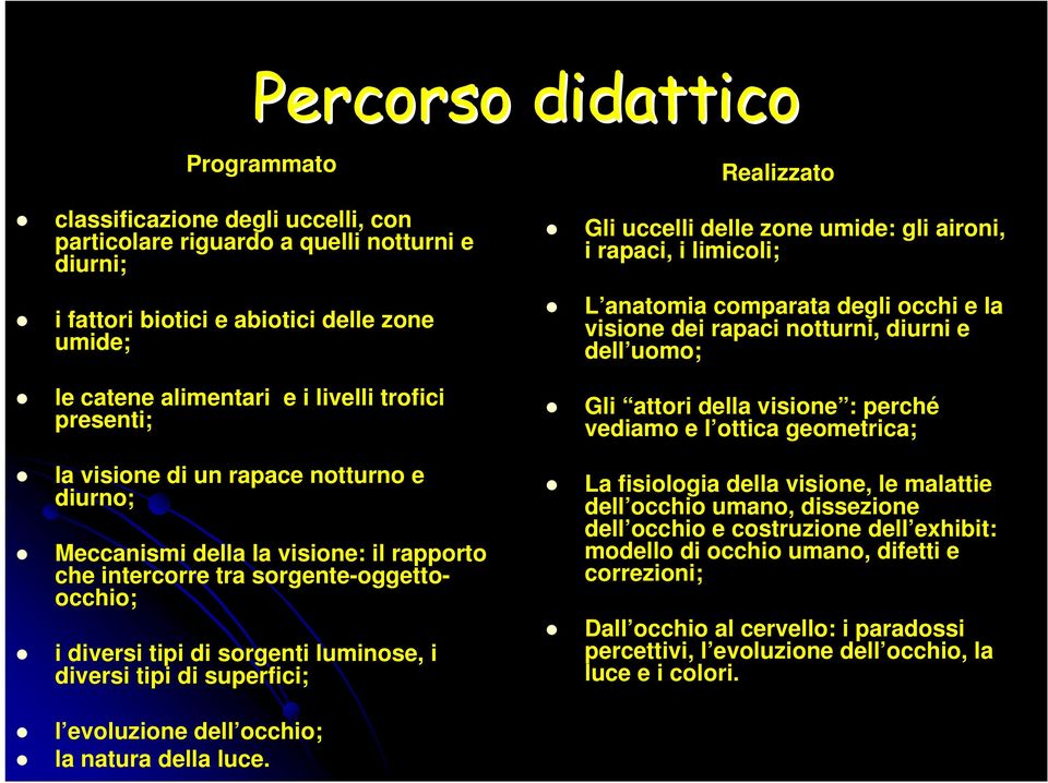 superfici; Realizzato Gli uccelli delle zone umide: gli aironi, i rapaci, i limicoli; L anatomia comparata degli occhi e la visione dei rapaci notturni, diurni e dell uomo; Gli attori della visione :