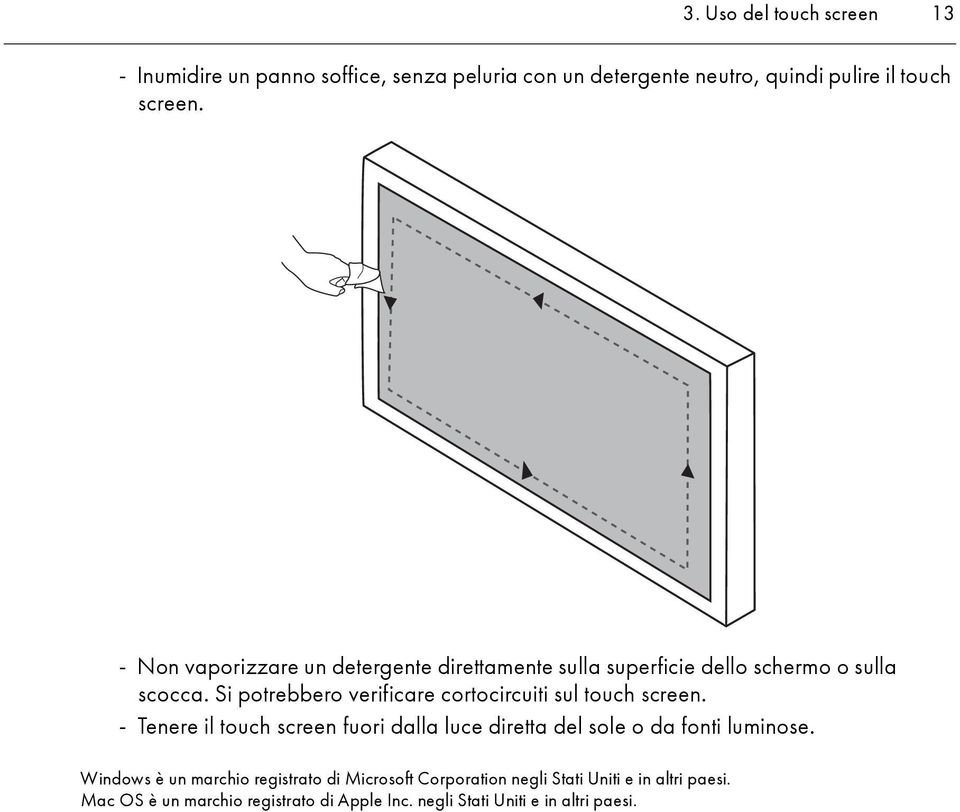 Si potrebbero verificare cortocircuiti sul touch screen.