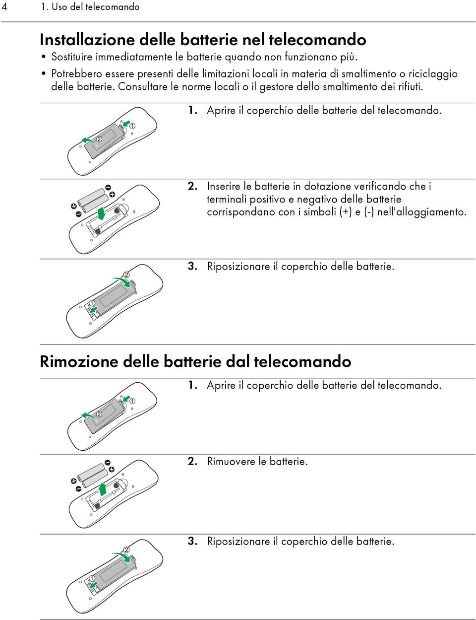 Aprire il coperchio delle batterie del telecomando. 2.