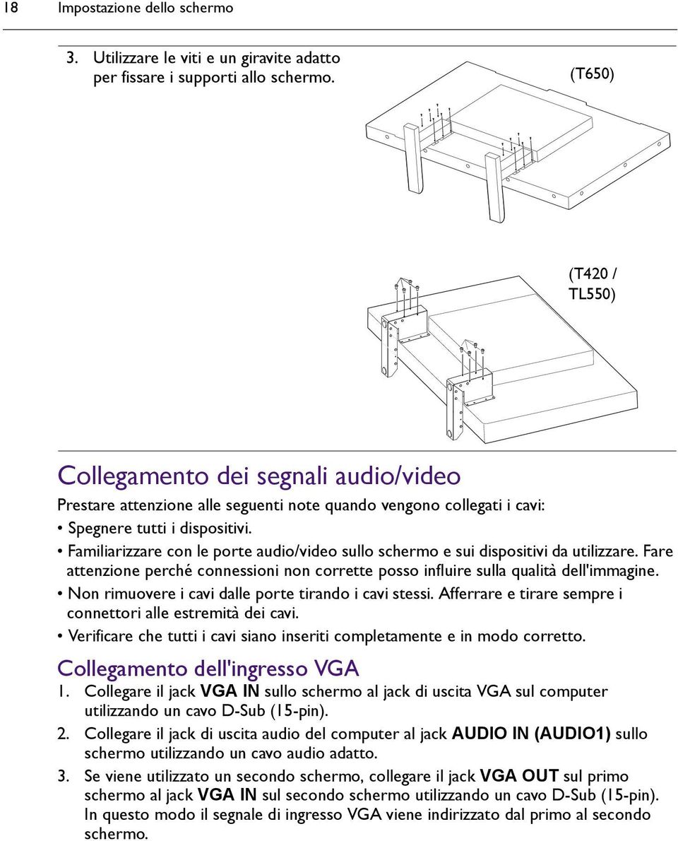 Familiarizzare con le porte audio/video sullo schermo e sui dispositivi da utilizzare. Fare attenzione perché connessioni non corrette posso influire sulla qualità dell'immagine.