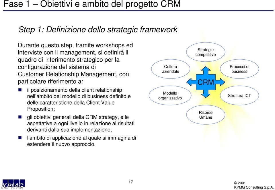 definito e delle caratteristiche della Client Value Proposition; gli obiettivi generali della CRM strategy, e le aspettative a ogni livello in relazione ai risultati derivanti dalla sua