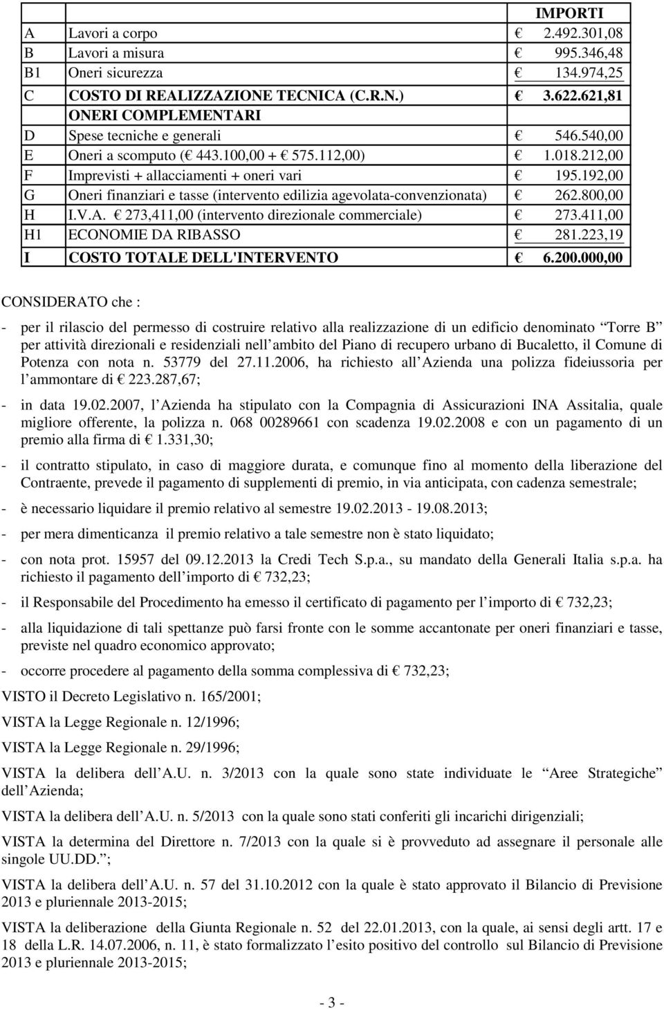 192,00 G Oneri finanziari e tasse (intervento edilizia agevolata-convenzionata) 262.800,00 H I.V.A. 273,411,00 (intervento direzionale commerciale) 273.411,00 H1 ECONOMIE DA RIBASSO 281.