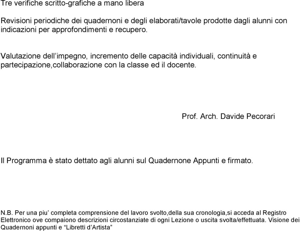 Davide Pecorari Il Programma è stato dettato agli alunni sul Quadernone Appunti e firmato. N.B.