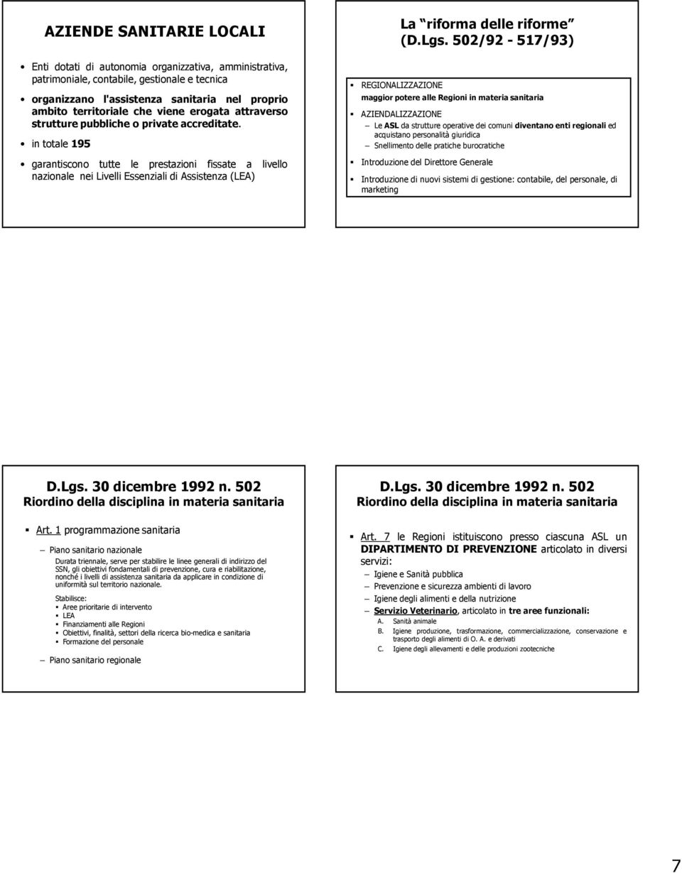 in totale 195 garantiscono tutte le prestazioni fissate a livello nazionale nei Livelli Essenziali di Assistenza (LEA) REGIONALIZZAZIONE La riforma delle riforme (D.Lgs.