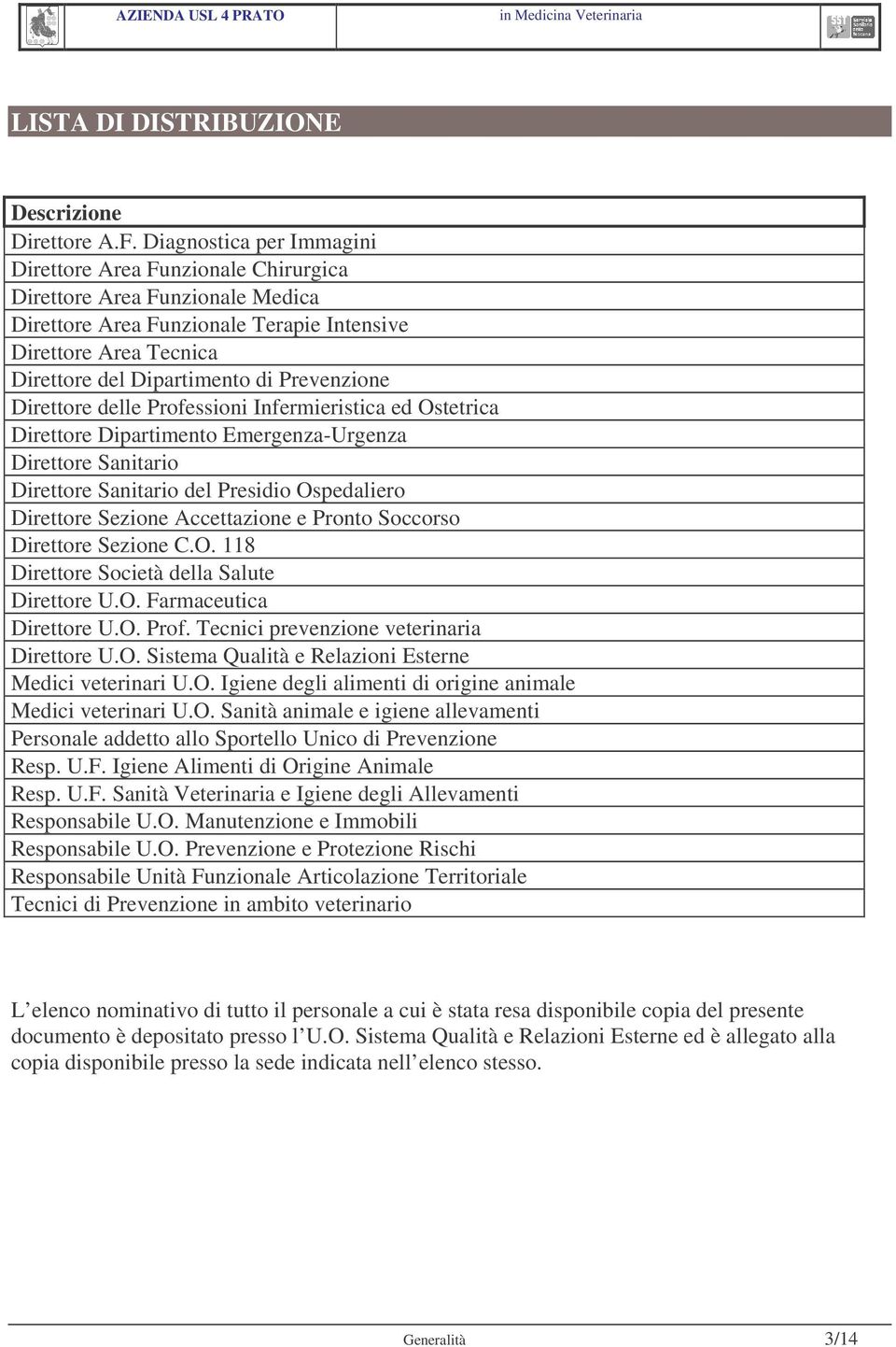 Prevenzione Direttore delle Professioni Infermieristica ed Ostetrica Direttore Dipartimento Emergenza-Urgenza Direttore Sanitario Direttore Sanitario del Presidio Ospedaliero Direttore Sezione