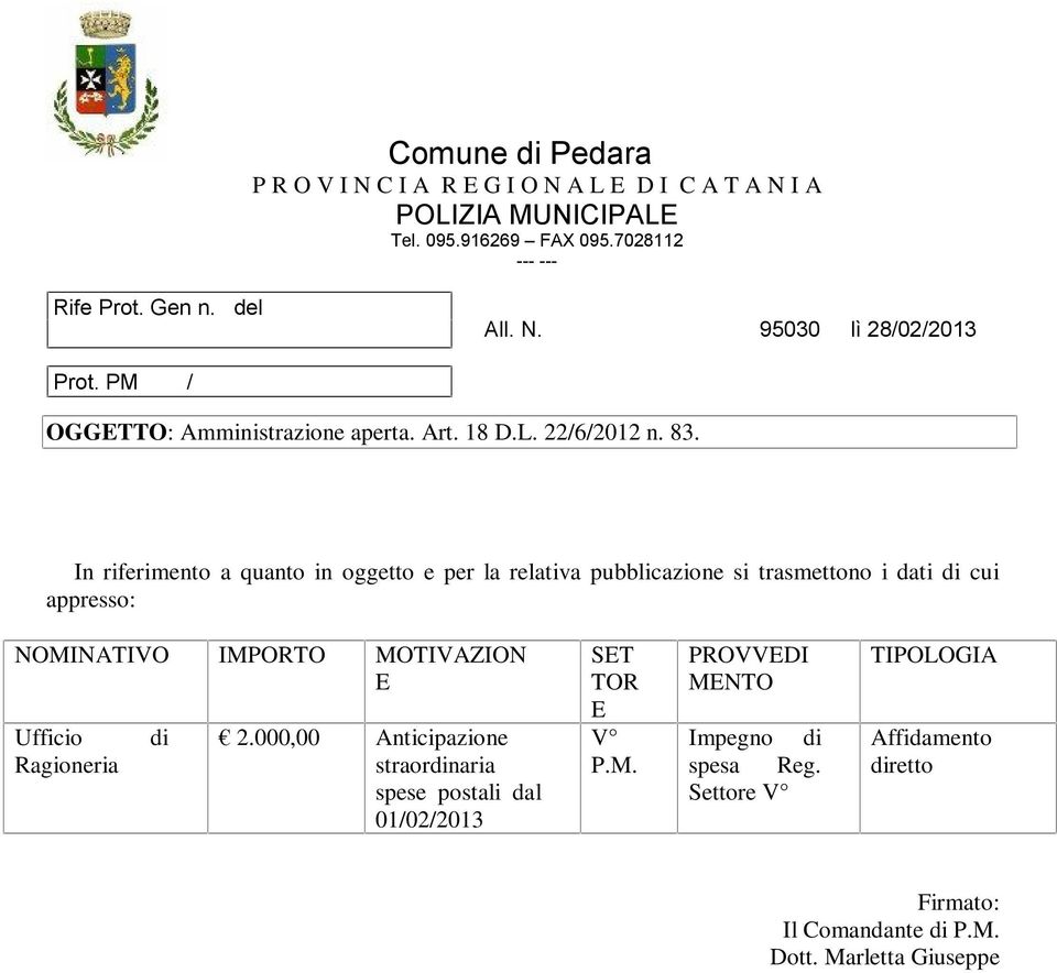 000,00 Anticipazione straordinaria spese postali dal 01/02/2013 ST PROVVDI MNTO