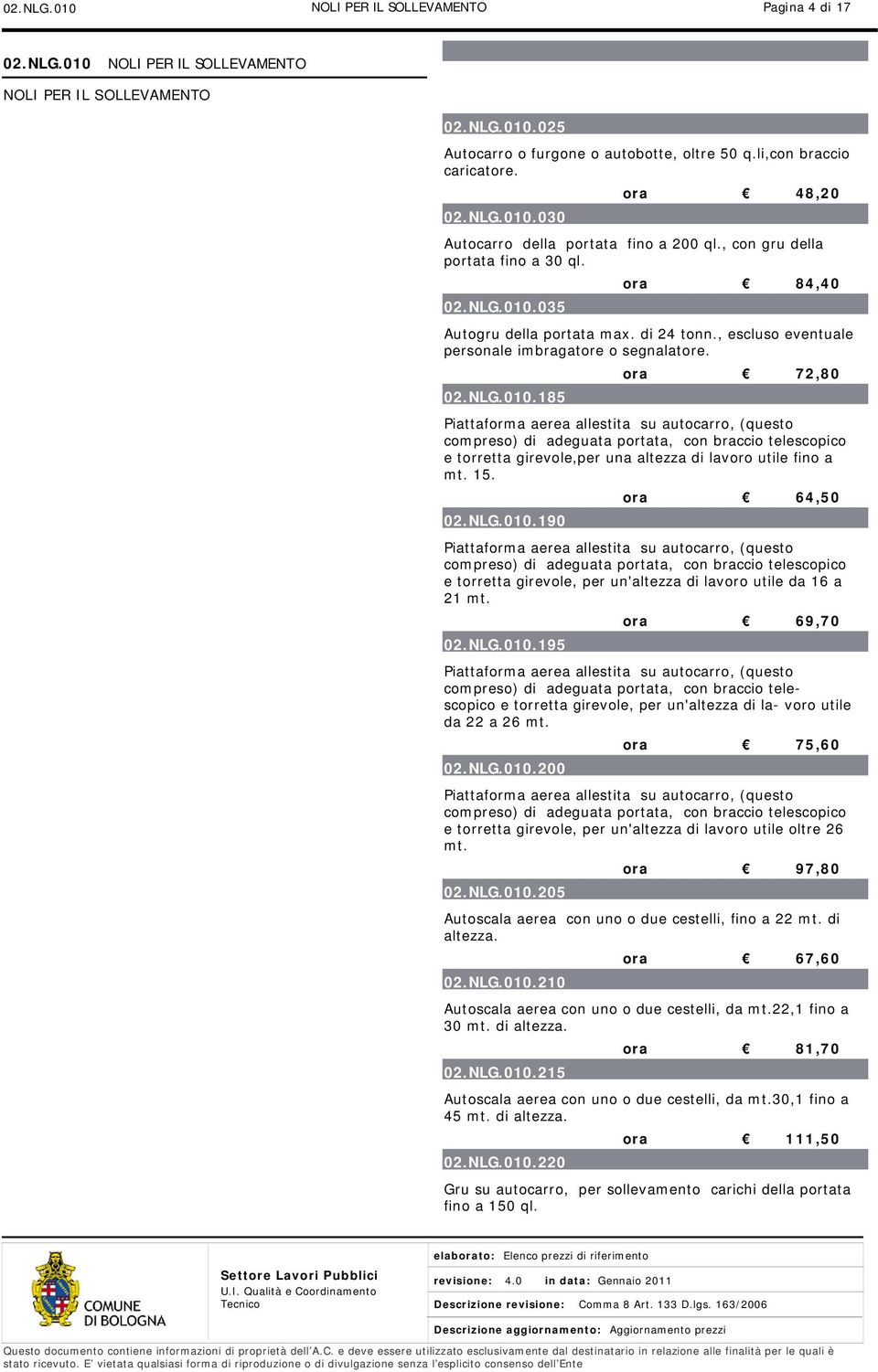 , escluso eventuale personale imbragatore o segnalatore. ora 72,80 02.NLG.010.